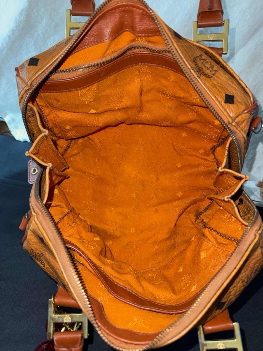 MCM Vintage Cognac Visetos Monogram Boston Bag with Cherry Charm Comes With COA - Picture 7 of 16